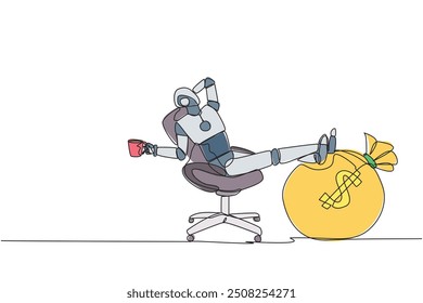 Single one line drawing smart robot sitting on a office chair holding a mug. Foot resting on money bag. Profit multiplier robot. Future technology concept. Continuous line design graphic illustration