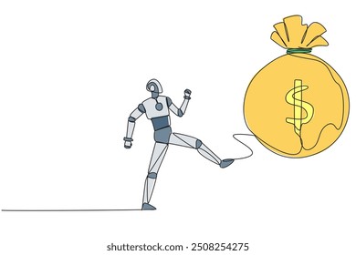 Single one line drawing smart robot kicking money bag. Freedom to act without knowing the rules. Machine testing. Future technology development concept. Continuous line design graphic illustration