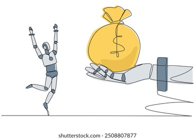 Single one line drawing a smart robot was excited to get the money bag from giant hand. Learning by doing. Practice makes perfect. Success that makes money. Continuous line design graphic illustration