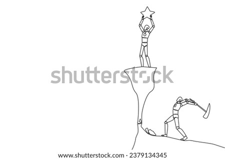 Single one line drawing smart robot standing on a cliff lifting a star. An envious friend, eating away at success from the inside to fall down. The traitor. Continuous line design graphic illustration