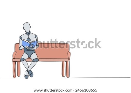 Single one line drawing smart robot sitting reading on chair in the university park. Prepare for the final exam with serious reading. Book festival concept. Continuous line design graphic illustration