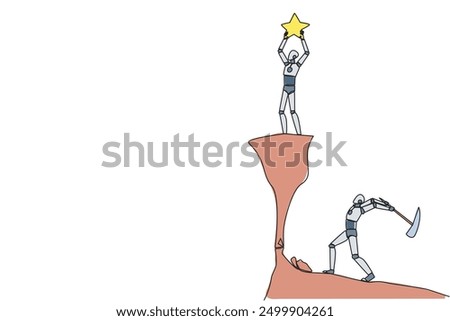 Single one line drawing smart robot standing on a cliff lifting a star. An envious friend, eating away at success from the inside to fall down. The traitor. Continuous line design graphic illustration