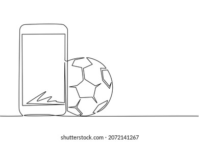 Single one line drawing smartphone and football ball. Online football games. Smartphone applications. Online soccer game with live mobile app. Continuous line draw design graphic vector illustration