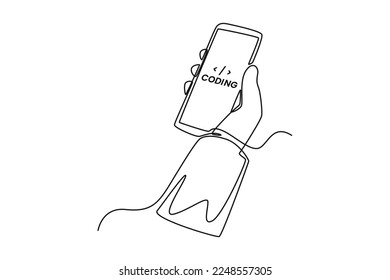 Single one line drawing smartphone for coding. Programming code concept. Continuous line draw design graphic vector illustration.