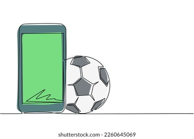 Single one line drawing smartphone and football ball. Online football games. Smartphone applications. Online soccer game with live mobile app. Continuous line draw design graphic vector illustration