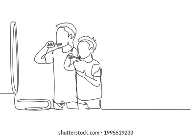 Single one line drawing smiling father and son holding toothbrushes and looking at mirror in bathroom. Habits for health of mouth and teeth. Continuous line draw design graphic vector illustration