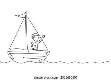 Single one line drawing smiling little boy in sailboat  Happy kids sailing boats  Cute little children boat  Joyful adventures   travel  Continuous line draw design graphic vector illustration
