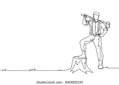 Single one line drawing smiling lumberjack wearing shirt, jeans and boots. Holding on his shoulder a ax posing with one foot on a tree stump. Continuous line draw design graphic vector illustration