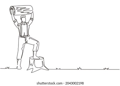 Single one line drawing smiling lumberjack man holding downed log. Wearing suspender shirt, jeans and boots, posing with one foot on tree stump. Continuous line draw design graphic vector illustration