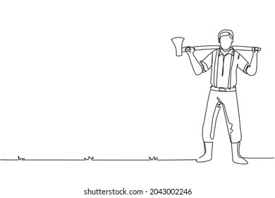 Single one line drawing smiling lumberjack in plaid shirt, jeans with belt, leather boots holding on his shoulder a ax with long wooden handle. Continuous line draw design graphic vector illustration