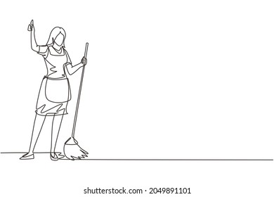 Single one line drawing smiling female cleaning company staff member holding broom and showing thumbs up gesture. Happy cleaning. Cleaning company. Continuous line draw design vector illustration