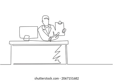 Single one line drawing smiling banking clerk showing bank credit, loan contract or mortgage agreement sitting at desk with computer. Businessman lender. Continuous line draw design graphic vector