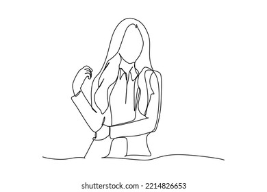 Single one line drawing smiling attractive business woman in her office standing with confident. Female enjoying work from home office. Continuous line draw design vector illustration