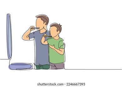 Single one line drawing smiling father and son holding toothbrushes and looking at mirror in bathroom. Habits for health of mouth and teeth. Continuous line draw design graphic vector illustration