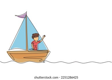 Single one line drawing smiling little boy in sailboat. Happy kids sailing boats. Cute little children on boat. Joyful adventures and travel. Continuous line draw design graphic vector illustration
