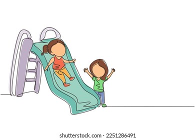 Single one line drawing smiling preschool girl sliding down slide and happy friend seeing her on side of slide. Kids playing together on playground. Modern continuous line draw design graphic vector