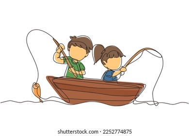 Una sola línea dibujando niños y niñas sonrientes pescando juntos en bote. Niños felices pescando en bote en el mar. Niños pescadores. Ilustración gráfica de diseño de trazos de línea continua