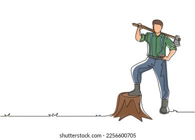 Single one line drawing smiling lumberjack wearing shirt, jeans and boots. Holding on his shoulder a ax posing with one foot on a tree stump. Continuous line draw design graphic vector illustration
