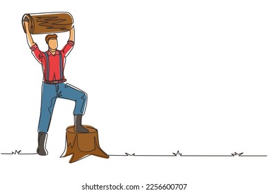 Single one line drawing smiling lumberjack man holding downed log. Wearing suspender shirt, jeans and boots, posing with one foot on tree stump. Continuous line draw design graphic vector illustration