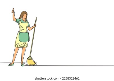 Single one line drawing smiling female cleaning company staff member holding broom and showing thumbs up gesture. Happy cleaning. Cleaning company. Continuous line draw design vector illustration