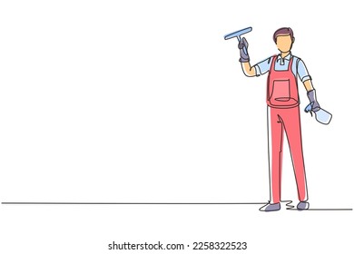 Single one line drawing smiling cleaning staff member is wiping the window with brush and spray. Concept of man cleaning windows from dust in different premises. Continuous line draw design vector