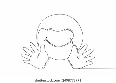 Single one line drawing smiling emoticon with raise both hands. Text messages are used to replace emotions, tone of voice and body language. Giving a hug. Continuous line design graphic illustration