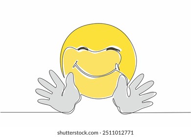 Single one line drawing smiling emoticon with raise both hands. Text messages are used to replace emotions, tone of voice and body language. Giving a hug. Continuous line design graphic illustration