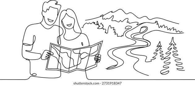 Einzeilige Zeichnung lächelnd Paar Planung der Route und Blick auf die Karte. Reisen, Urlaub, Urlaub und Abenteuer. Berglandschaft. einzeilige Symbolzeichnung
