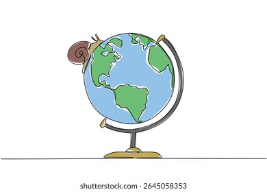 Uma única linha desenhando caracol andando sobre o globo. Animais com uma distribuição muito ampla pelo mundo. Tem muitos habitats. Símbolo. Dia Nacional do Caracol. Ilustração gráfica de design de linha contínua