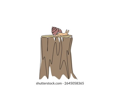 Uma única linha desenhando o caracol andando sobre um tronco de árvore cortada. Sobrevivendo à extração ilegal de madeira. Perder habitat. Adaptando-se à mudança. Dia Nacional do Caracol. Ilustração gráfica de design de linha contínua