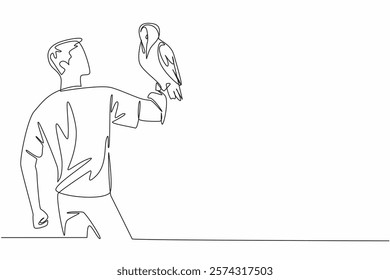 Single one line drawing snowy owl perched on hand of man. Also known as the polar owl, white owl, and arctic owl. Pure white fur. The pet. Man Holding Bird. Continuous line design graphic illustration