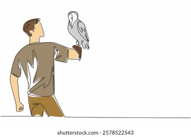 Single one line drawing snowy owl perched on hand of man. Also known as the polar owl, white owl, and arctic owl. Pure white fur. The pet. Man Holding Bird. Continuous line design graphic illustration