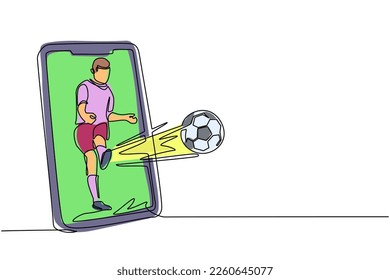 Single one line drawing soccer player kicks soccer ball out of smartphone screen. Smartphone with app soccer football. Mobile sports stream championship to play. Continuous line draw design vector