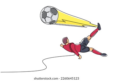 Single one line drawing soccer player doing overhead kick shot. Soccer player in action of jump over kick soccer ball to make score goal. Modern continuous line draw design graphic vector illustration