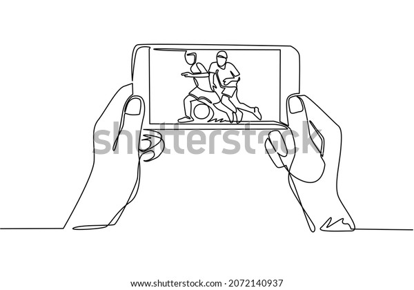 Single one line drawing soccer or football\
league live streaming on mobile phone. Man hands holding smartphone\
and watch any live football match online. Continuous line draw\
design vector\
illustration
