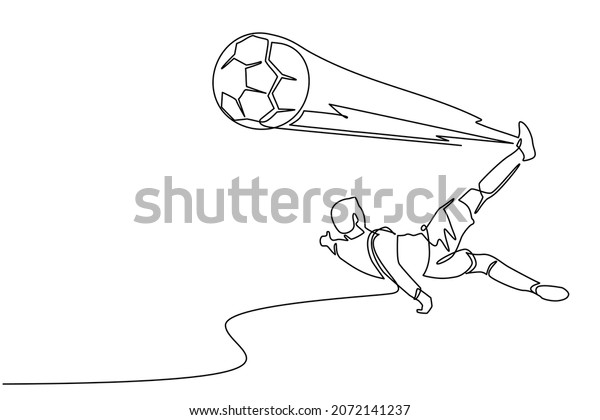 Single one line drawing soccer player doing\
overhead kick shot. Soccer player in action of jump over kick\
soccer ball to make score goal. Modern continuous line draw design\
graphic vector\
illustration