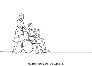 Single One Line Drawing Social Worker Helping Old Man On Wheelchair With Grocery Shopping. Female Volunteer Caring And Walking With Disabled Senior Male To Store. Continuous Line Draw Design Vector