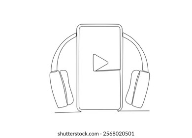 Single one line drawing social media of mobile phones and headphones for listening to podcasts. Continuous line draw design vector
