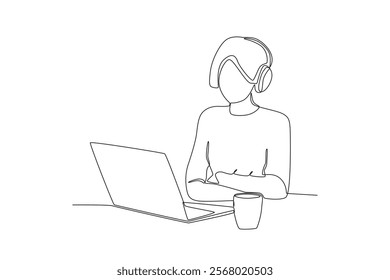 Single one line drawing social media of woman listening to podcasts while drinking coffee. Continuous line draw design vector
