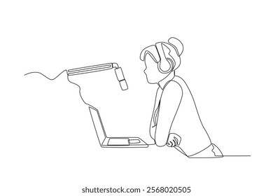 Single one line drawing social media of woman recording podcast. Continuous line draw design vector
