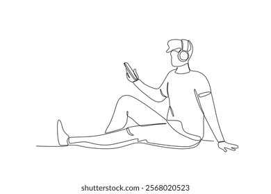 Single one line drawing social media of a man listening to a podcast on his cell phone. Continuous line draw design vector
