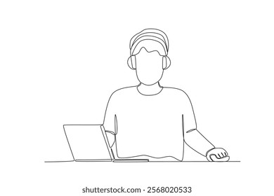 Single one line drawing social media of man editing podcast. Continuous line draw design vector
