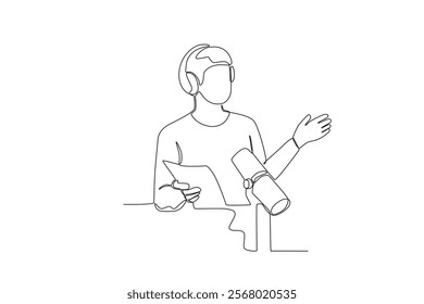 Single one line drawing social media of the guy asking during the podcast. Continuous line draw design vector
