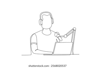 Single one line drawing social media of man recording podcast. Continuous line draw design vector
