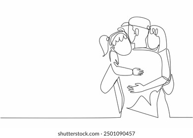 Single one line drawing a soldier hugs his wife and daughter. Welcomed with warmth. Reuniting with loved ones. Off duty. Holiday. National Hug a G.I. Day. Continuous line design graphic illustration