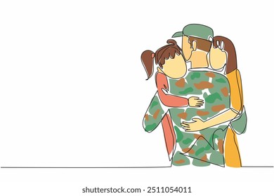 Uma única linha desenhando um soldado abraça sua esposa e filha. Bem-vindo com calor. Reunindo-se com os entes queridos. Fora de serviço. Feriado. Dia do Abraço Nacional. Ilustração gráfica de design de linha contínua