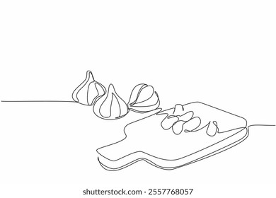 Single one line drawing some cloves of garlic on wooden cutting board. Will be processed into food seasoning. Can lower blood pressure. National Garlic Day. Continuous line design graphic illustration