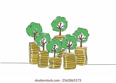 Single one line drawing some stacks of coins with trees. Symbol of investment. Investment rather than wasteful behavior. National Financial Awareness Day. Continuous line design graphic illustration