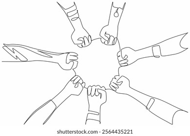 Single one line drawing some superhero hands of various variations and colors. Seven heroes present ready to help humans. Defender. National Superhero Day. Continuous line design graphic illustration