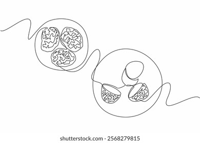 Single one line drawing some truffle pieces on round wooden cutting board. Raw materials to be processed. Delicious dishes. Mushroom. National Truffle Day. Continuous line design graphic illustration